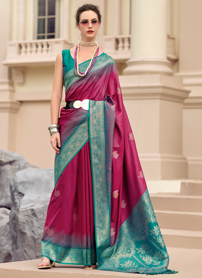 Soft Silk Weaving Maroon Festive Wear Saree With Beautiful Contrast Border And Blouse