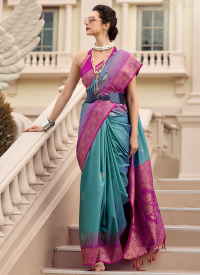 Weaving Shaded Turquoise Blue Soft Silk Bridesmaid Saree With Beautiful Contrast Border And Blouse