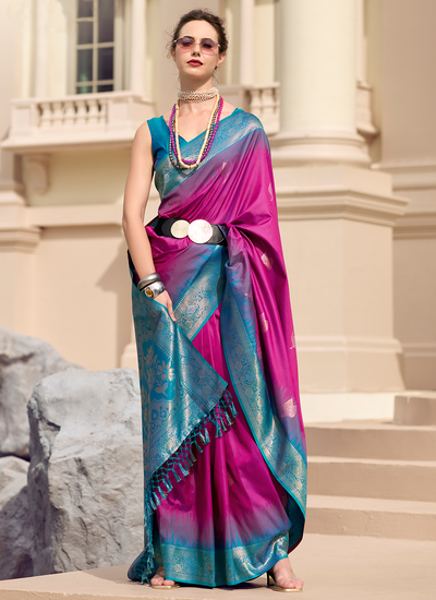 Rani Bridesmaid Weaving Soft Silk Saree With Beautiful Contrast Border And Blouse