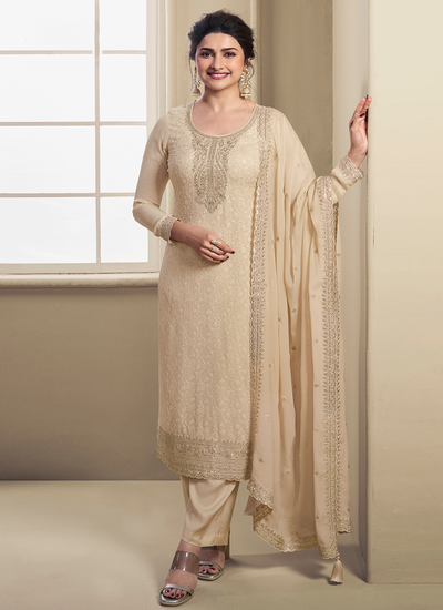 Schiffli Embroidered Cream Organza Bollywood Salwar Suit