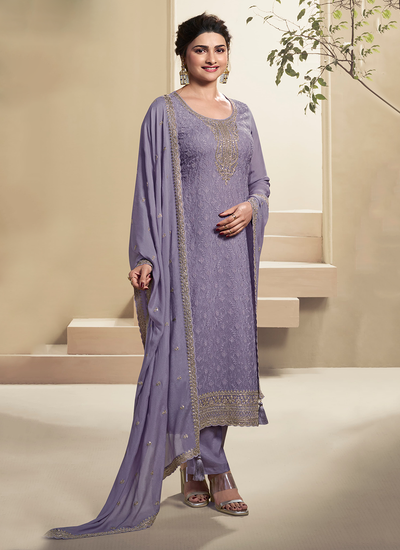 Organza Schiffli Embroidered Bollywood Salwar Suit In Lavender