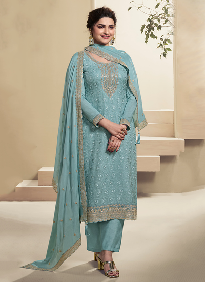 Powder Blue Organza Schiffli Embroidered Bollywood Salwar Suit