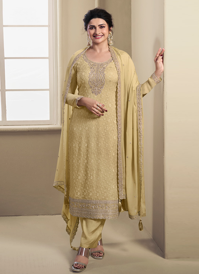 Organza Dark Cream Schiffli Embroidered Bollywood Salwar Suit