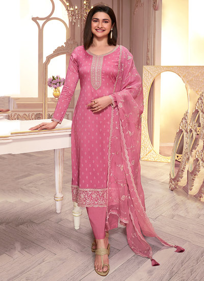 Pink Thread Embroidered Printed Silk Georgette Bollywood Dress