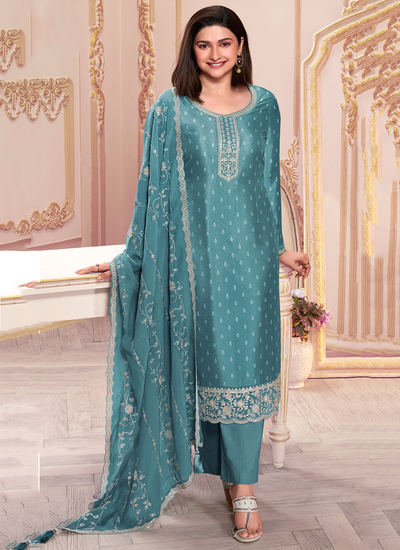 Thread Embroidered Printed Silk Georgette Dusty Teal Bollywood Dress