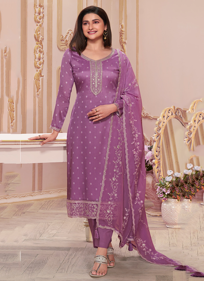 Printed Silk Georgette Thread Embroidered Bollywood Dress In Lavender