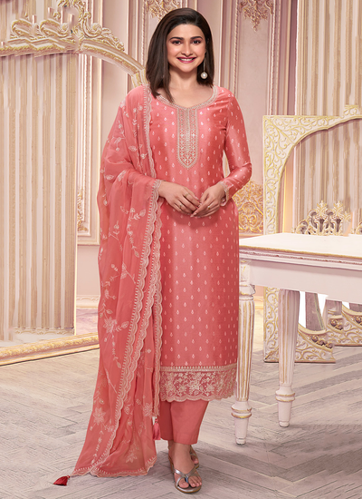 Bollywood Dress In Peach Thread Embroidered Printed Silk Georgette