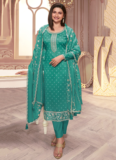 Teal Thread Embroidered Printed Silk Georgette Bollywood Dress