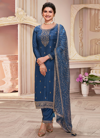 Prussian Blue Embroidered Silk Georgette Bollywood Salwar Suit