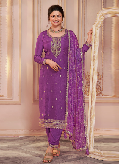 Embroidered Silk Georgette Bollywood Salwar Suit In Purple