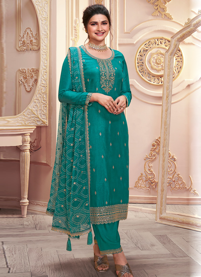 Embroidered Silk Georgette Teal Bollywood Salwar Suit