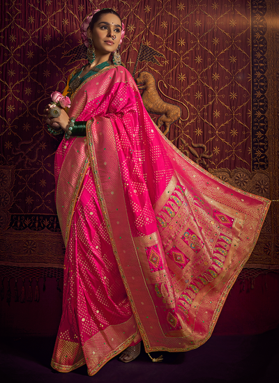 Hot Pink Viscose Dola Silk Woven Saree With Orange Handwork Sequins Embroidered Blouse