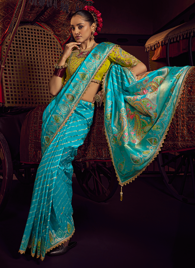 Woven Turquoise Blue Viscose Dola Silk Saree With Yellow Handwork Embroidered Blouse