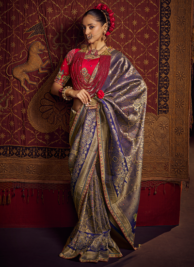 Viscose Dola Silk Wedding Wear Dark Blue Weaving Saree With Handwork Embroidered Red Blouse