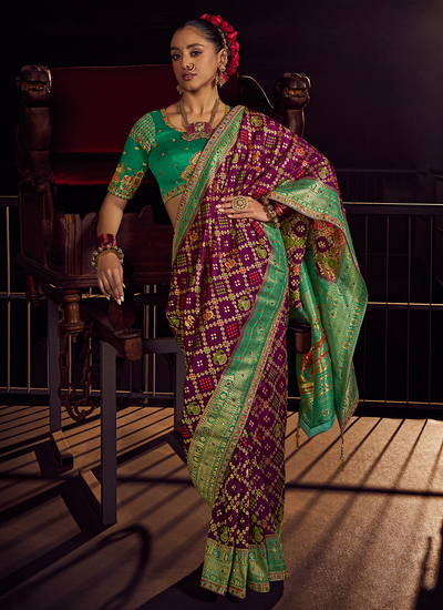 Wine Viscose Dola Silk Weaving Gharchola Saree With Handwork Embroidered Green Blouse