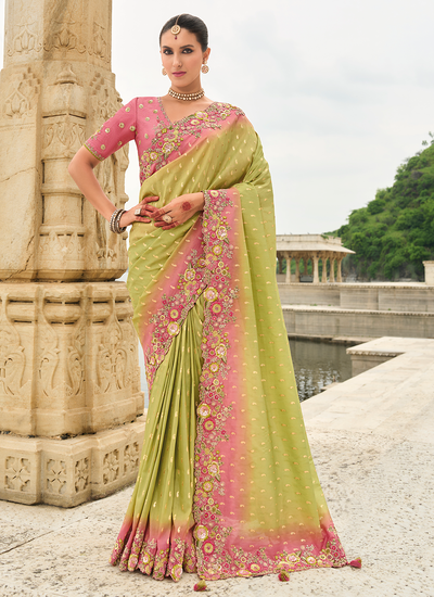 Lime Green Viscose Tissue Silk Sequins Embroidered Heavy Border Reception Wear Saree