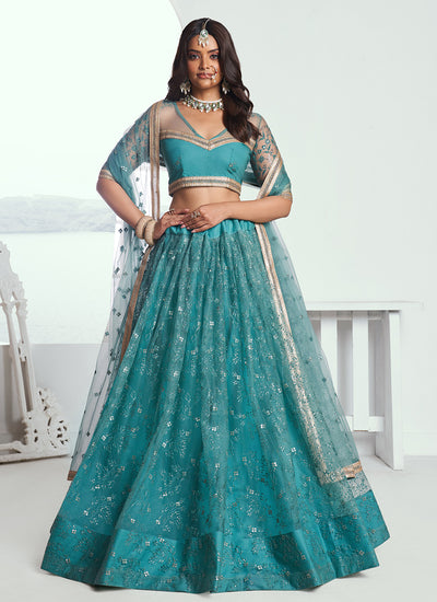 Blue Green Sequins And Embroidered Premium Net Party Wear Lehenga Choli