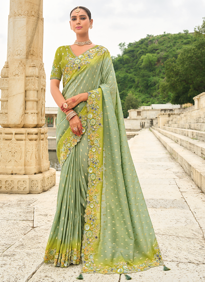 Viscose Tissue Silk Sage Green Sequins Embroidered Heavy Border Wedding Wear Saree