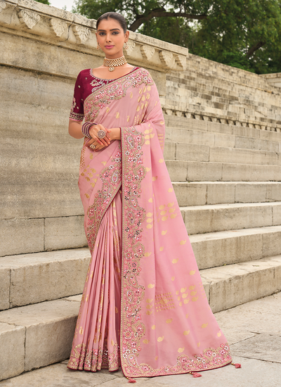 Wedding Wear Viscose Tissue Silk Sequins Embroidered Light Pink Heavy Border Saree