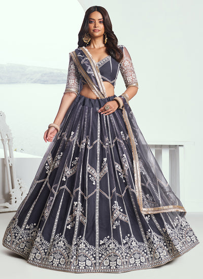 Sequins And Embroidered Grey Premium Net Festive Wear Lehenga Choli