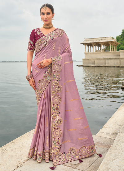 Light Mauve Heavy Border Reception Wear Viscose Tissue Silk Sequins Embroidered Saree