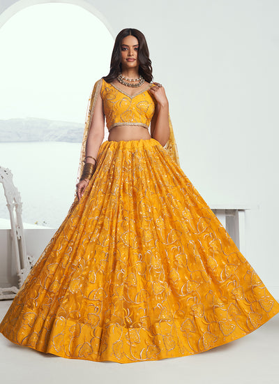 Yellow Sequins And Embroidered Premium Net Haldi Wear Lehenga Choli