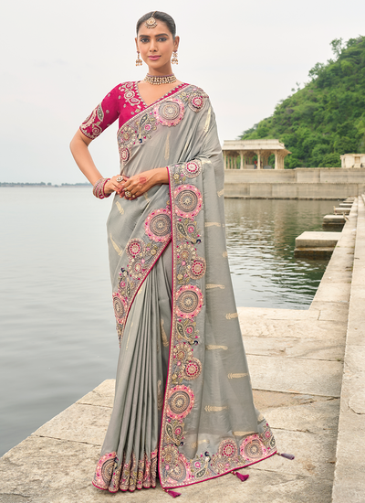 Heavy Border Wedding Wear Dove Grey Viscose Tissue Silk Sequins Embroidered Saree