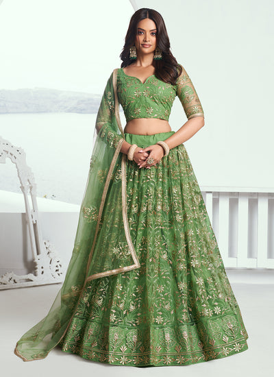 Embroidered And Sequins Pista Green Premium Net Mehndi Wear Lehenga Choli