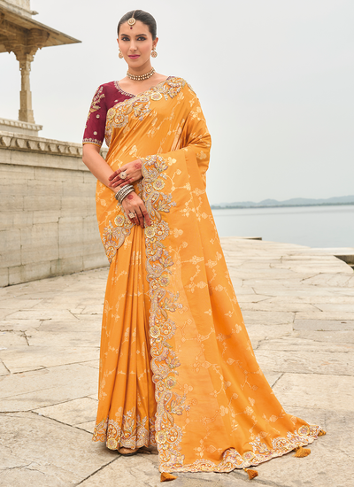 Orange Viscose Tissue Silk Heavy Border Wedding Wear Sequins Embroidered Saree