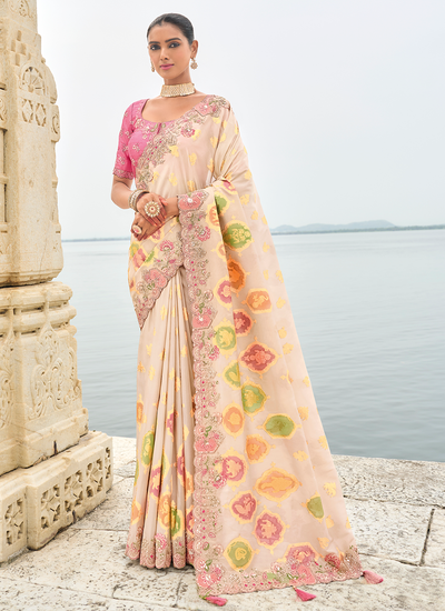 Viscose Tissue Silk Cream Reception Wear Sequins Embroidered Heavy Border Saree