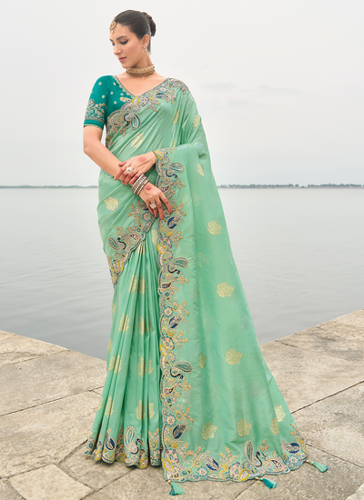 Sea Green Reception Wear Heavy Border Viscose Tissue Silk Sequins Embroidered Saree