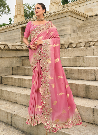 Wedding Wear Heavy Border Pink Sequins Embroidered Viscose Tissue Silk Saree