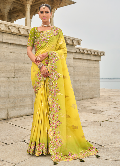 Yellow Haldi Wear Viscose Tissue Silk Heavy Border Sequins Embroidered Saree