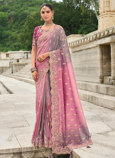 Viscose Tissue Silk Reception Wear Purple And Pink Heavy Border Sequins Embroidered Saree