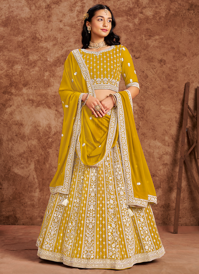 Faux Georgette Yellow Sequins Resham Embroidered Haldi Wear Lehenga Choli