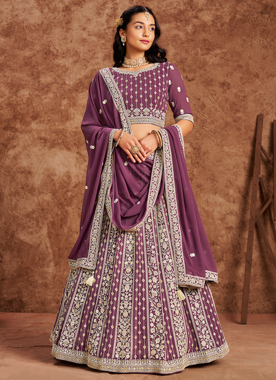 Purple Faux Georgette Sequins Resham Embroidered Festive Wear Lehenga Choli