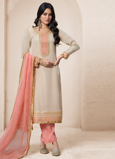 Festive Wear Heavy Embroidered Viscose Organza Silk Beige And Peach Salwar Suit