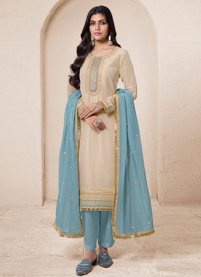 Beige And Sky Blue Sequins Embroidered Pakistani Viscose Organza Silk Salwar Suit