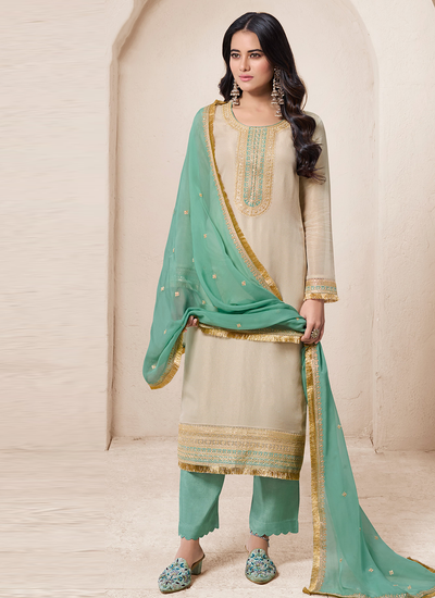 Sequins Embroidered Beige And Green Pakistani Viscose Organza Silk Salwar Suit