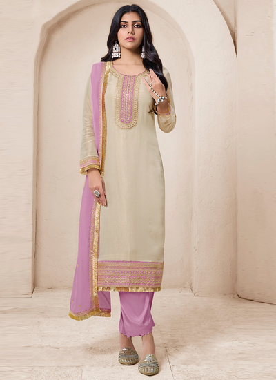 Pakistani Sequins Embroidered Beige And Purple Viscose Organza Silk Salwar Suit