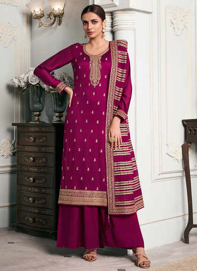 Festive Magenta Sequins Embroidered Silk Georgette Palazzo Salwar Suit