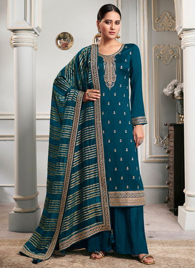 Peacock Blue Festive Sequins Embroidered Silk Georgette Palazzo Salwar Suit