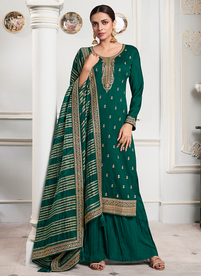 Sequins Embroidered Silk Georgette Green Festive Palazzo Salwar Suit