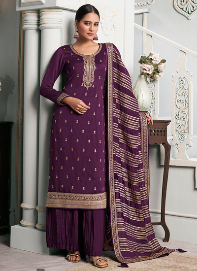 Purple Silk Georgette Sequins Embroidered Festive Palazzo Salwar Suit