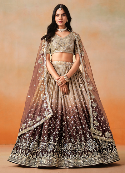 Brown Ombré Georgette Sequins Zari Embroidery Wedding Wear Lehenga Choli