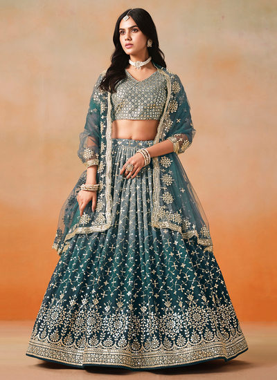 Georgette Dove Blue Ombré Sequins Zari Embroidery Engagement Wear Lehenga Choli