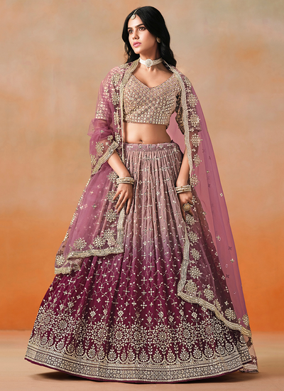 Wedding Wear Georgette Maroon Ombré Sequins Zari Embroidery Lehenga Choli
