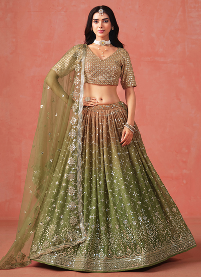 Sequins Zari Embroidery Engagement Wear Georgette Green Ombré Lehenga Choli