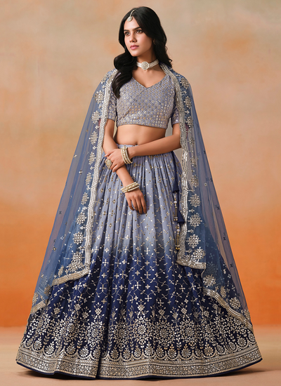 Blue Ombré Sequins Zari Embroidery Engagement Wear Georgette Lehenga Choli