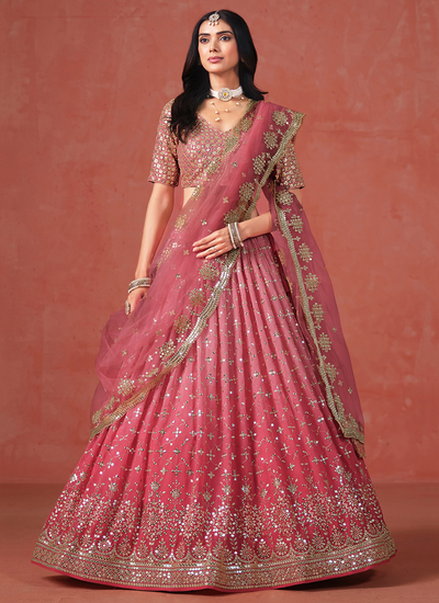Designer Sequins Zari Embroidery Wedding Wear Peach Ombré Georgette Lehenga Choli